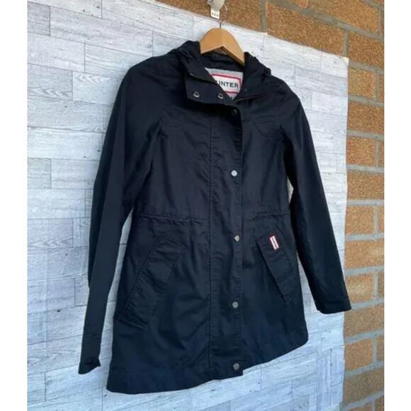 Hunter Black Cotton Smock Water Resistant‎ Long Sleeve Hooded Rain Jacket - Picture 3 of 3